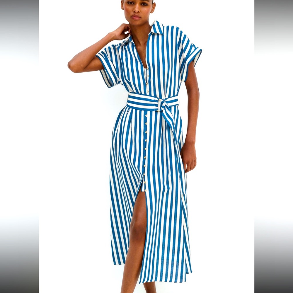 Zara limited edition linen with cotton blend buttoned midi dress with belt